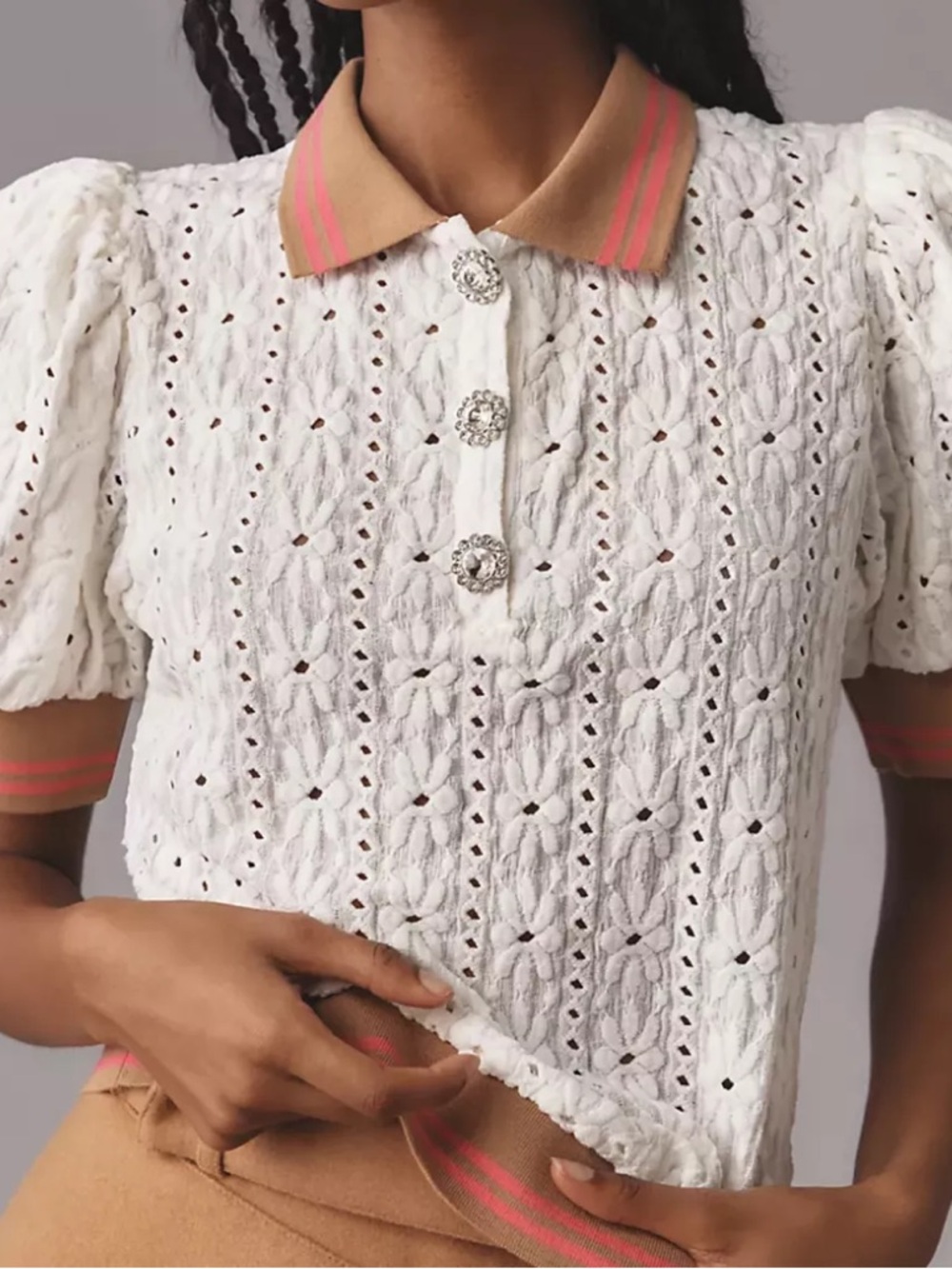 Anthropologie Maeve Puff Sleeve  Lace Polo Top with Tan & Pink Trim, Rhinestone